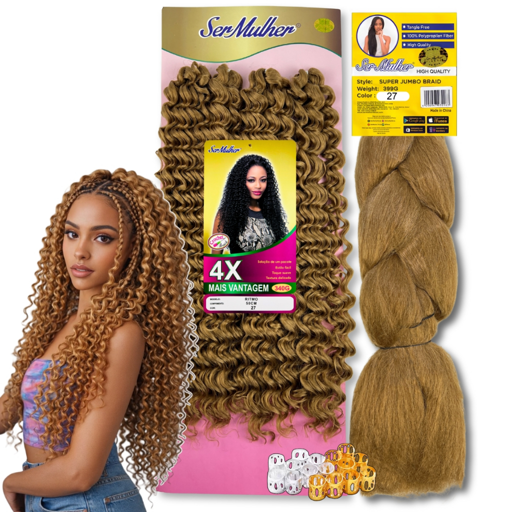 Kit Tranças Gypsy Cabelo Jumbo Box Braids + Aplique Cacheado Orgânico Crochet Ritmo Ser Mulher