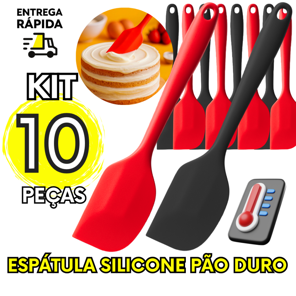 Kit 10 Espatulas de Silicone Pao Duro Utensilio Cozinha Confeitaria Restaurantes Buffet