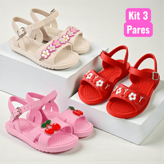 Kit 3 Pares Sandália Infantil Menina Confortável Rasteirinha Kids em Oferta na Shopee