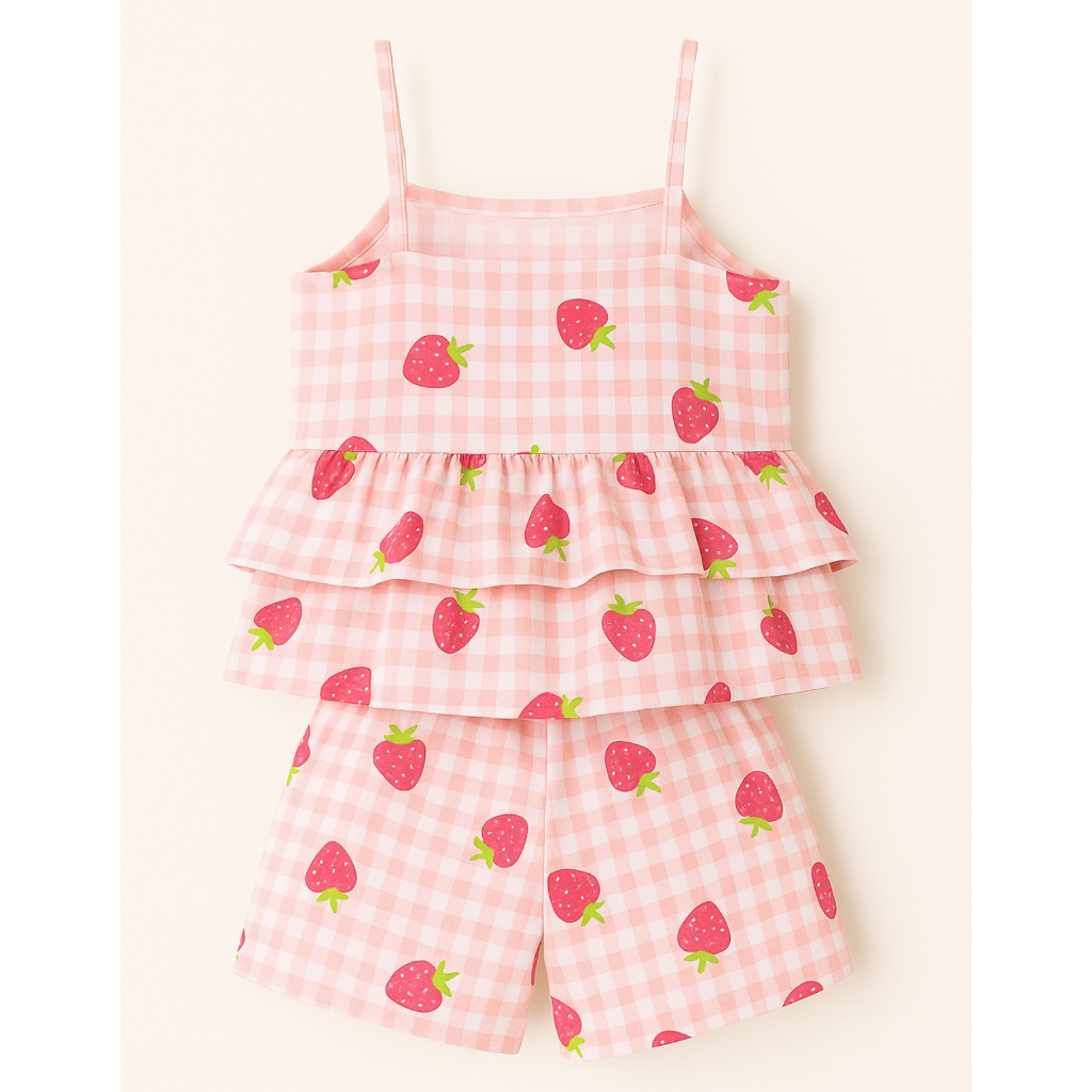 Conjunto infantil blusa babado alça e shorts sublimado em Oferta na Shopee