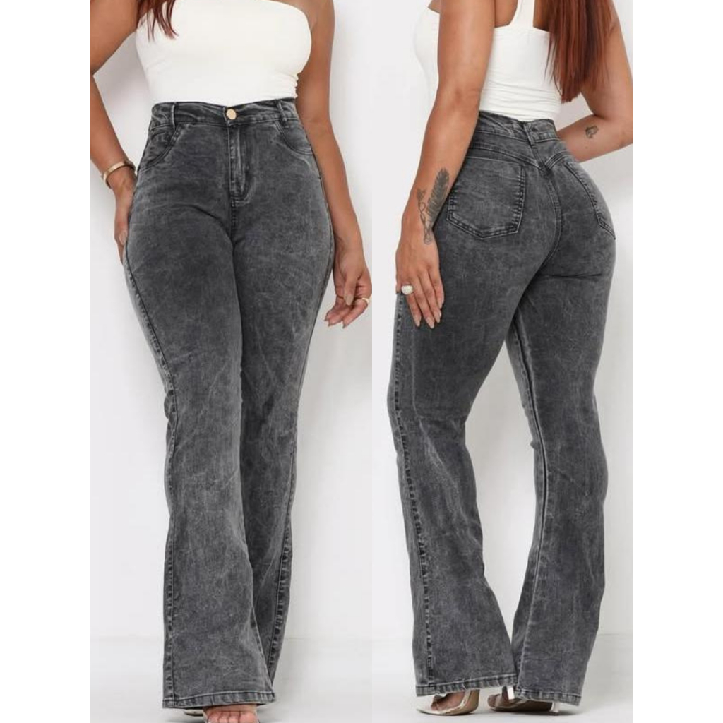 Calça Jeans Flare Feminina Cintura Alta Capri Tecido Leve Boca Larga - Boca de Sino