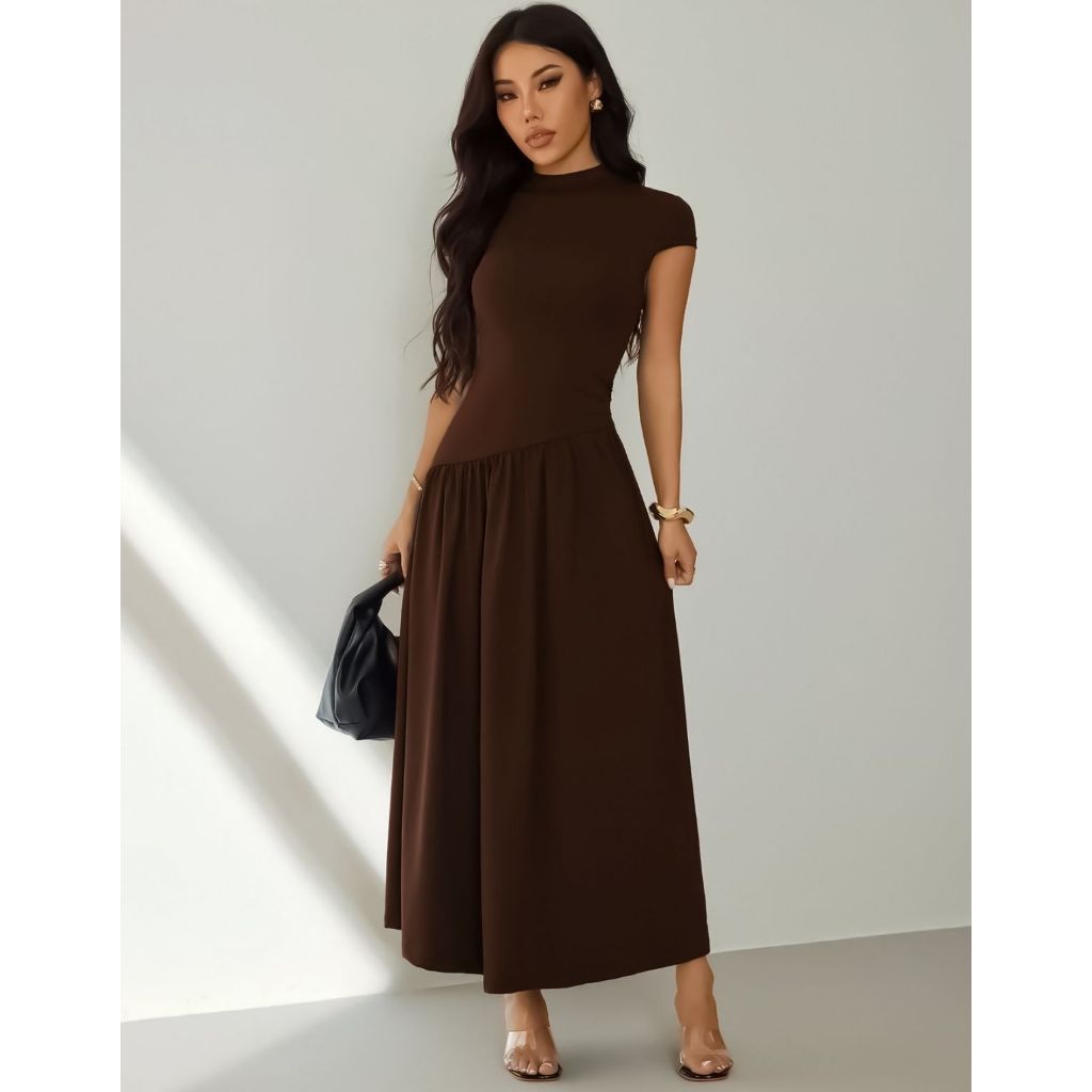 Vestido Longo Drapeado Suplex Soltinho Confortável Manga Curta Casual em Oferta na Shopee