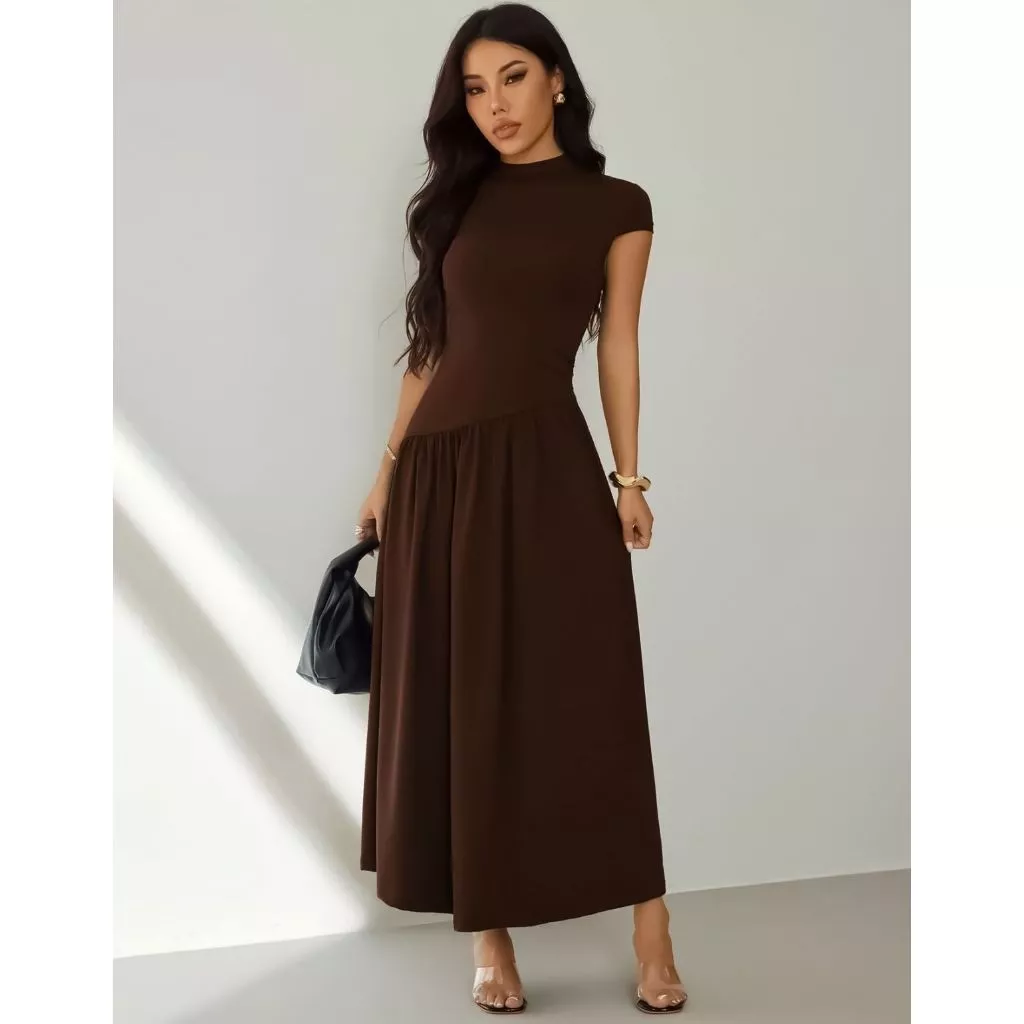 Vestido Longo Drapeado Suplex Soltinho Confortável Manga Curta Casual — imagem 1