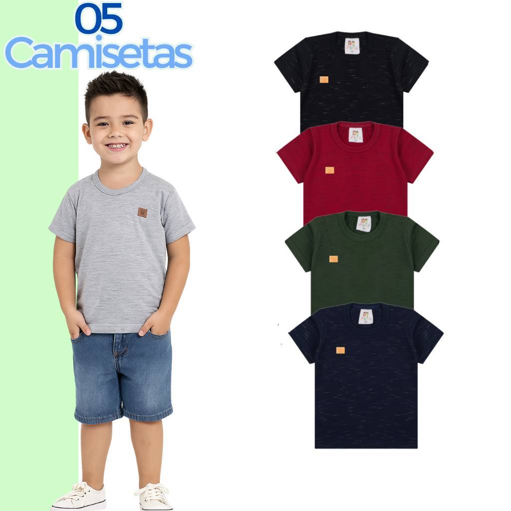Kit 5 Peças Camisetas Manga Curta Lisas com Aplique em Meia Malha Infantil e Juvenil em Oferta na Shopee