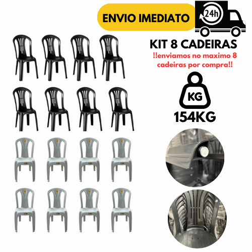 Kit 8/6 Cadeira Bistrô Branca Preta 154Kg Plástica Resistente P/ Igreja Jardim Escritório Bar