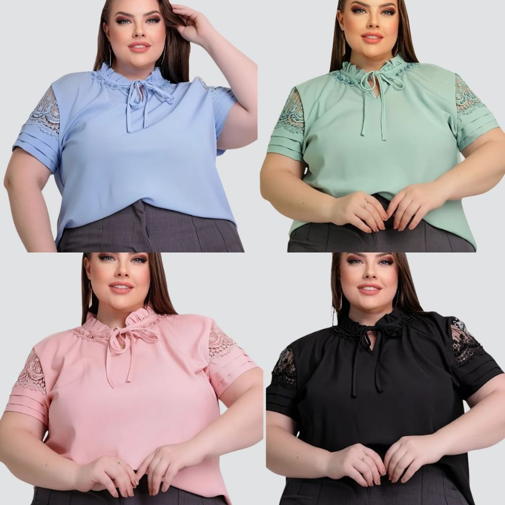 Blusa Feminina Plus Size Evangélica Guipir Gola Pérolas