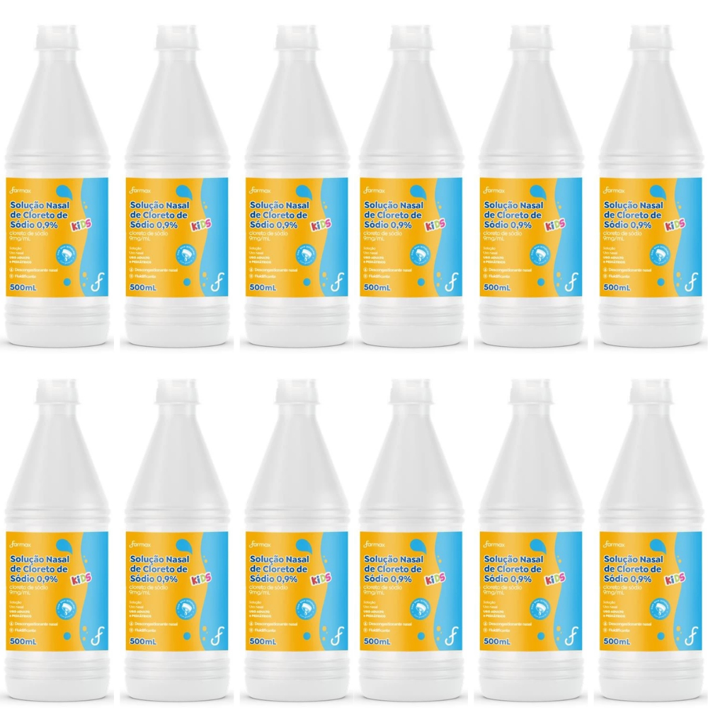 Kit C/ 12un Soro Fisiológico Farmax 500ml Uso Adulto e Pediátrico