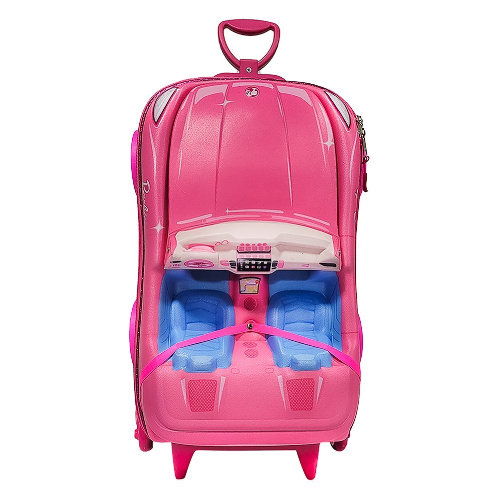 Mala Mochila Material Escola Escolar Menina Feminina Infantil Barbie Carro Conversível 3D Rodinha Laceiras Rosa Grande
