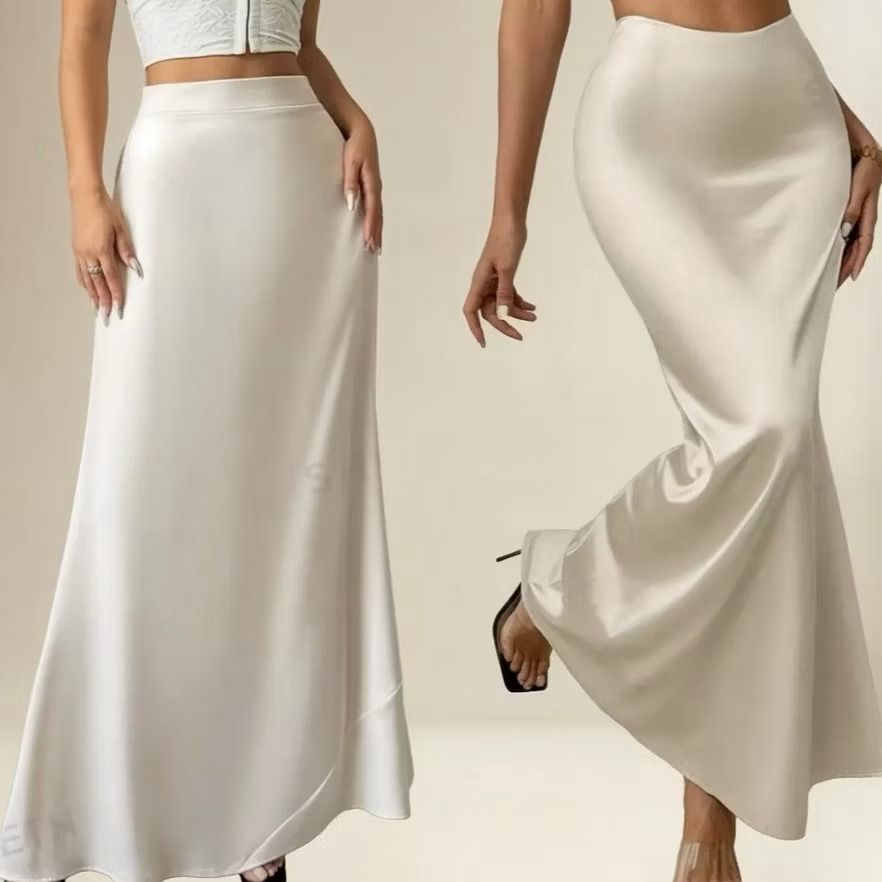 Saia Midi Cetim Longa Elegante Feminina Luxo Festa Brilhosa Cintura Alta Moda 2026