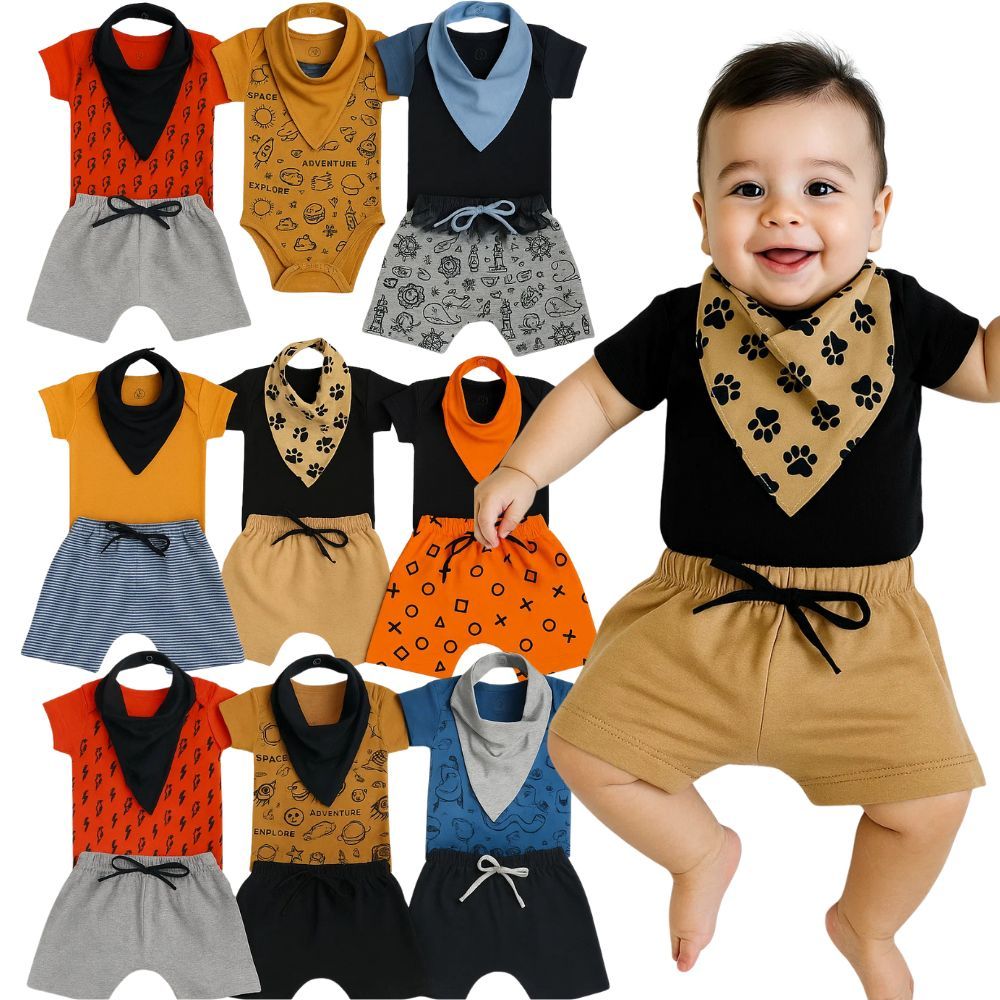Roupa de Bebê Menino 3 Peças Body  + Bermuda + Babador 100% Algodão + Babador + Short | Conjunto Infantil Bebê Menino