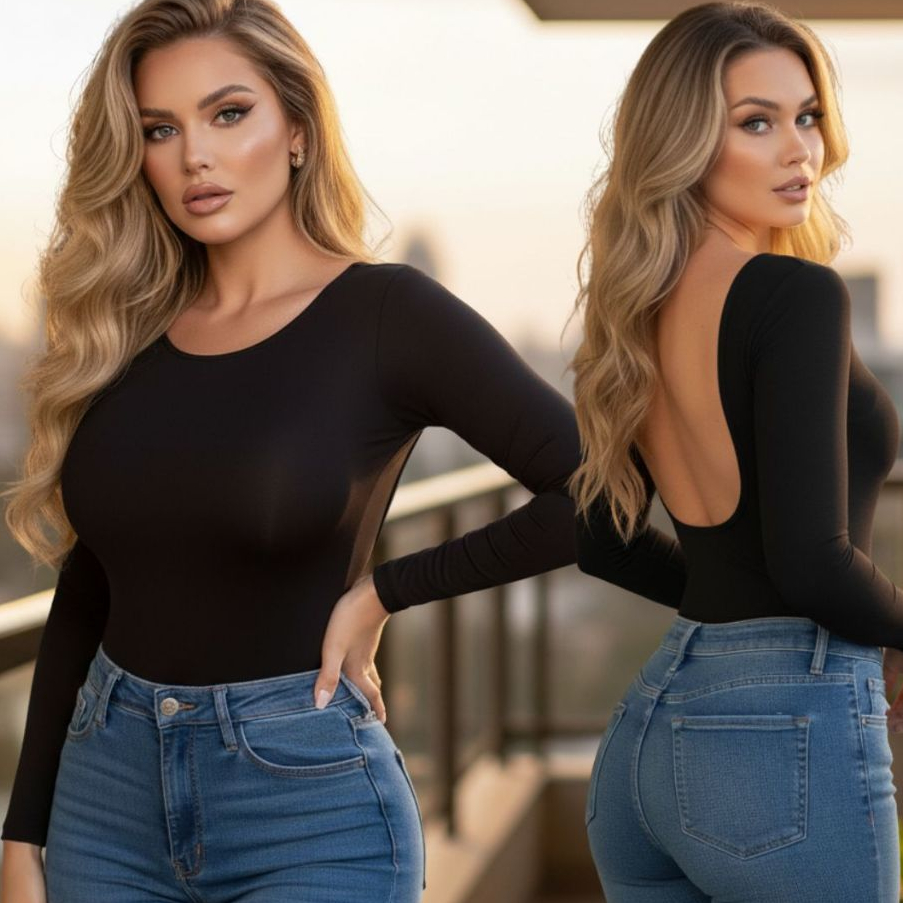 Body Feminino Costa Nua Manga Longa Suplex Com Bojo Ref Fernanda