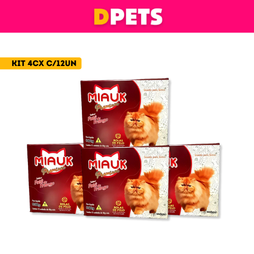 Petisco Miauk Pemium Kit C/4cx Com 12un para Gatos Ajuda na Prevenção e Eliminação das Bolas de Pelo