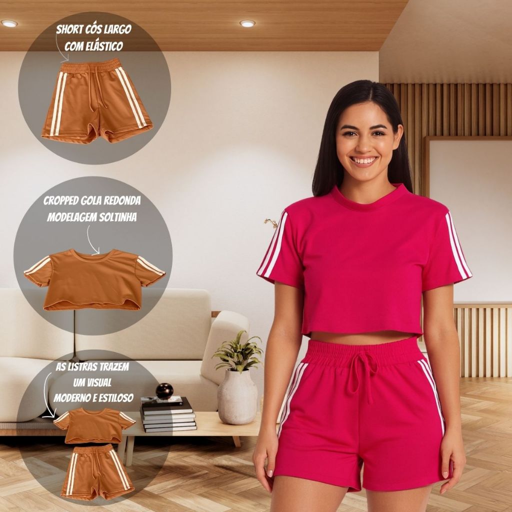 Conjunto de Moletinho Premium Cropped Manga Curta e Shorts Listrado Moletom Feminino Blogueira