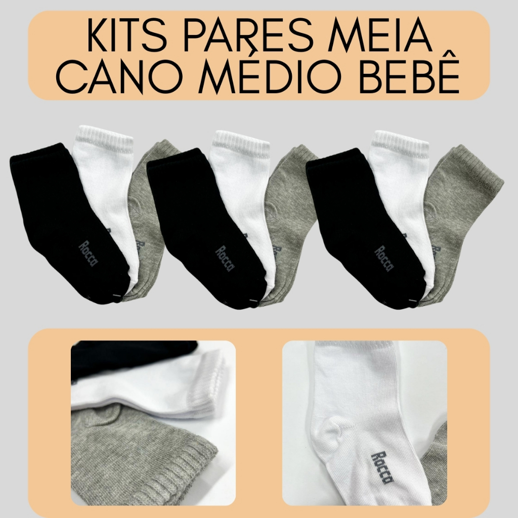 Kit Pares De Meias Bebê Cano Médio Algodão Para 12 a 24 Meses Macias 8721-K-C1