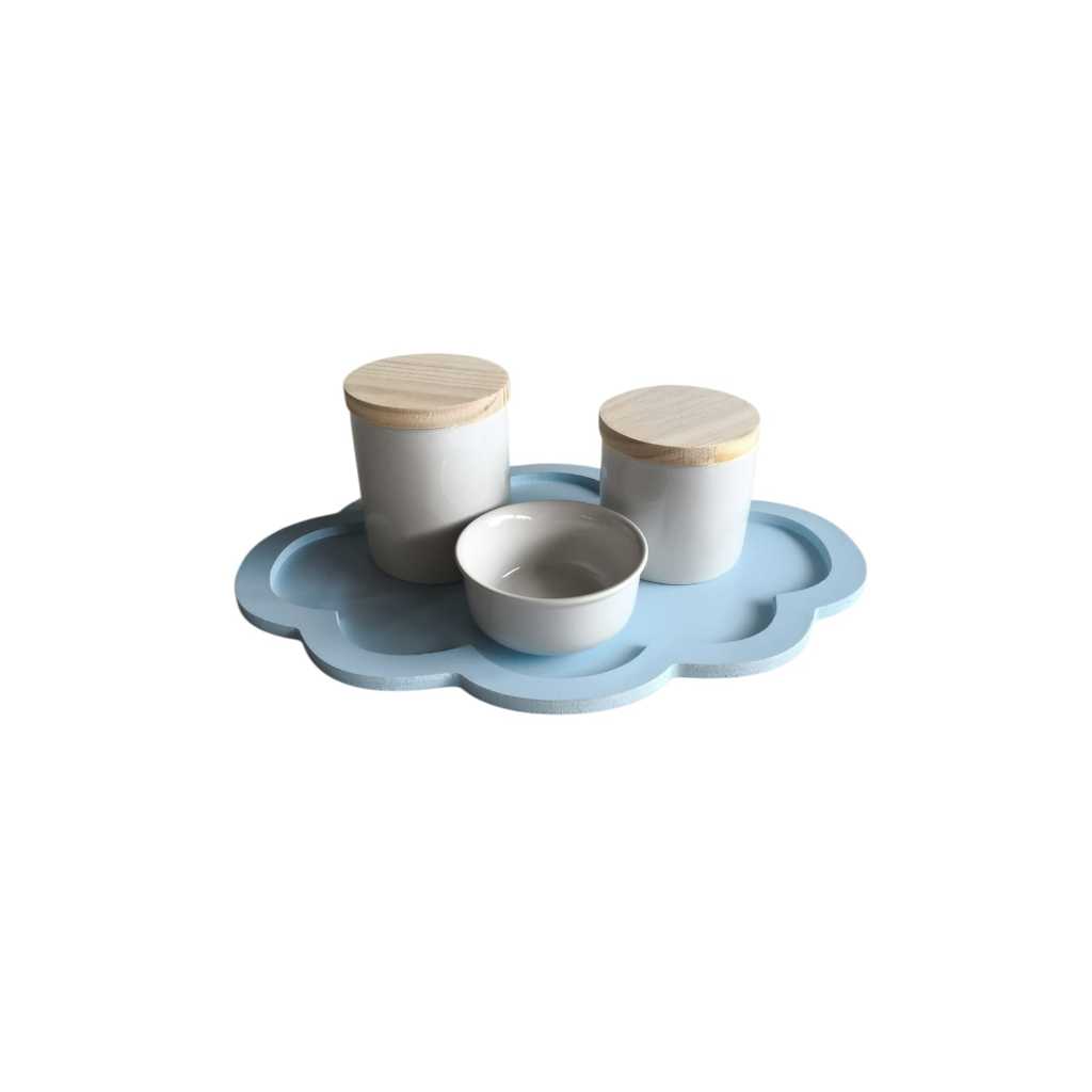 Kit Higiene para bebê porcelana potes porta algodão cotonete tampa madeira bandeja nuvem azul menino maternidade