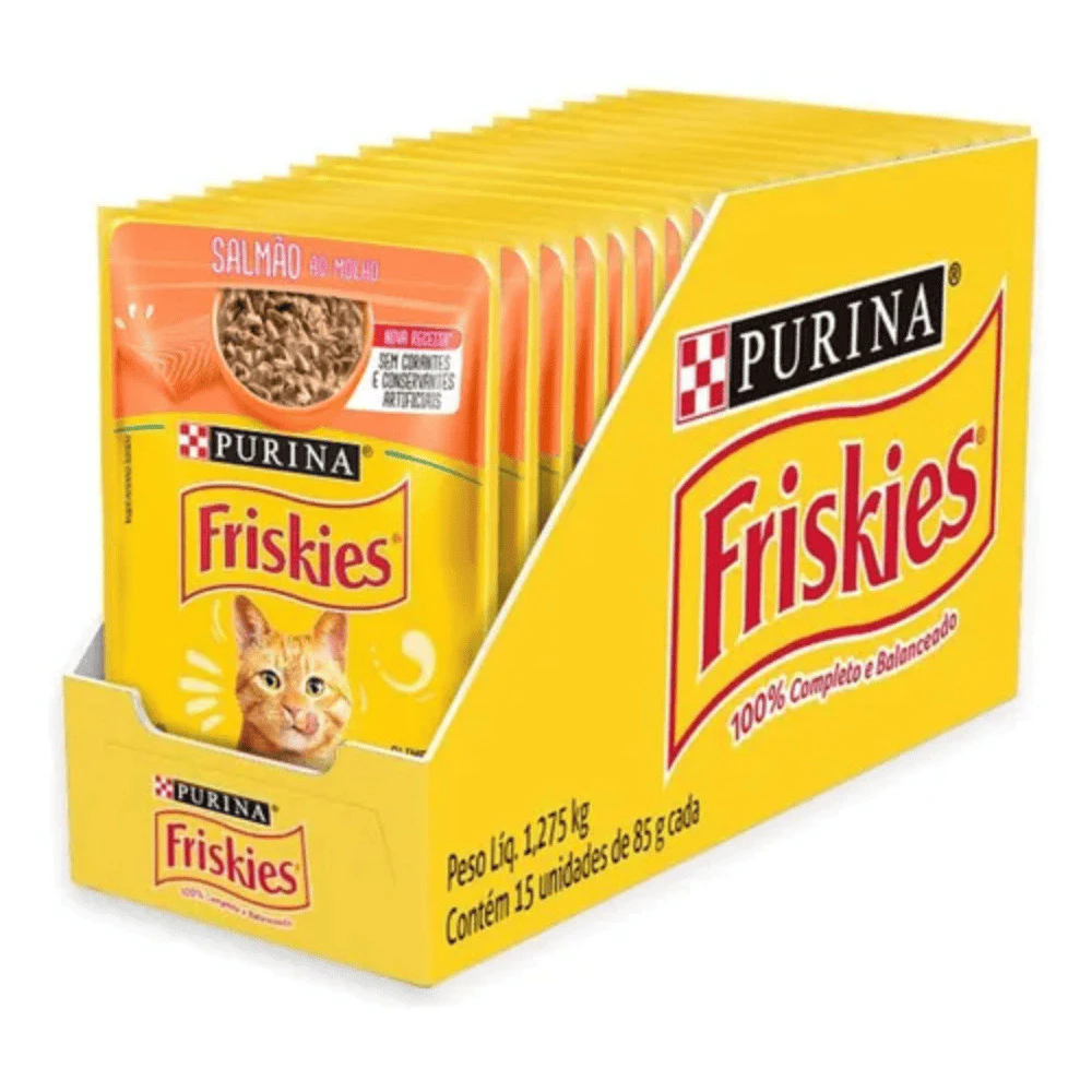 Sachê Friskies® Salmão ao Molho 85g | Purina - Caixa Fechada com 15 Unidades - Ração Úmida para Gato