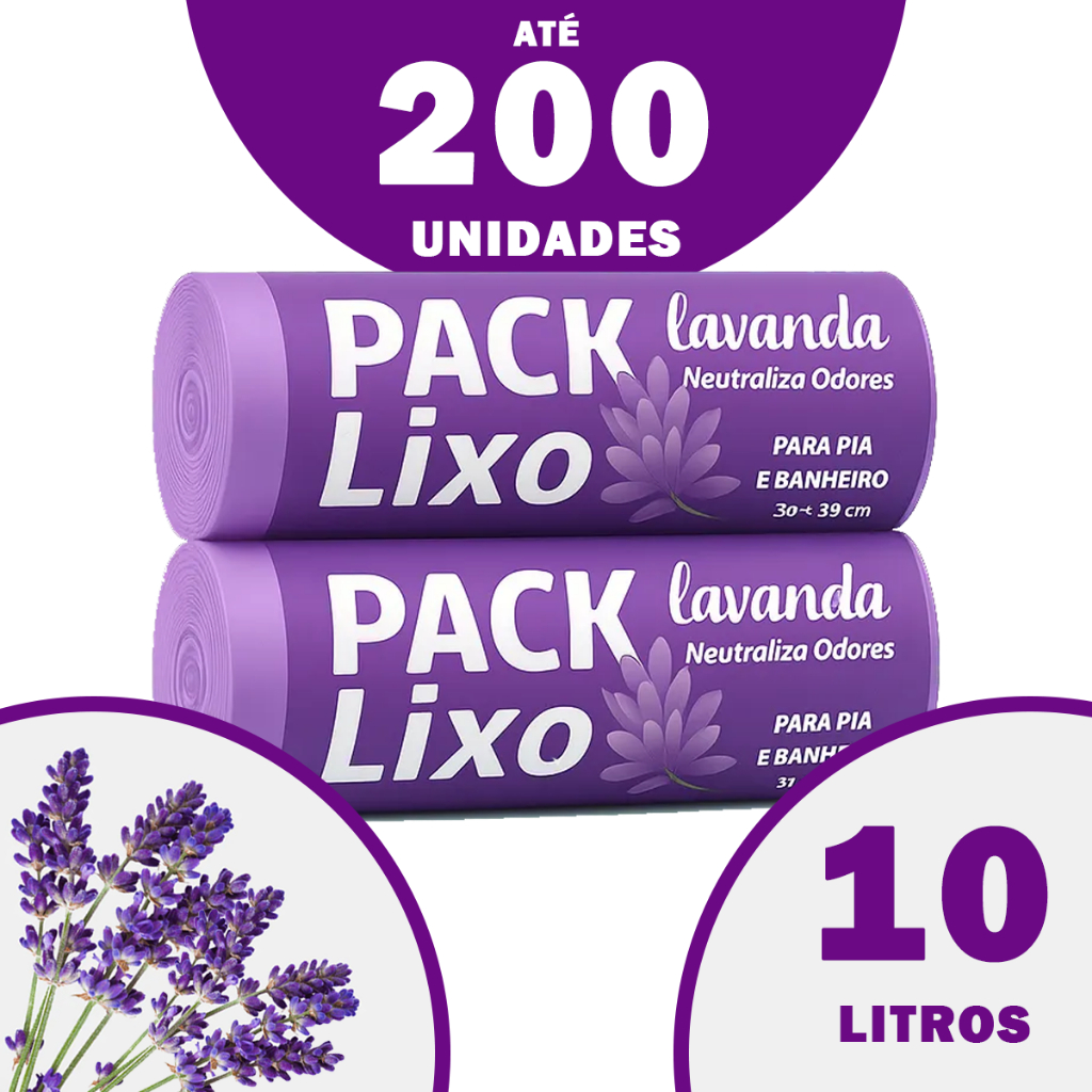 Saco de Lixo Perfumado Lavanda Kit até 200 Unidades Pia Banheiro 34x38cm Neutraliza Odor Resistente
