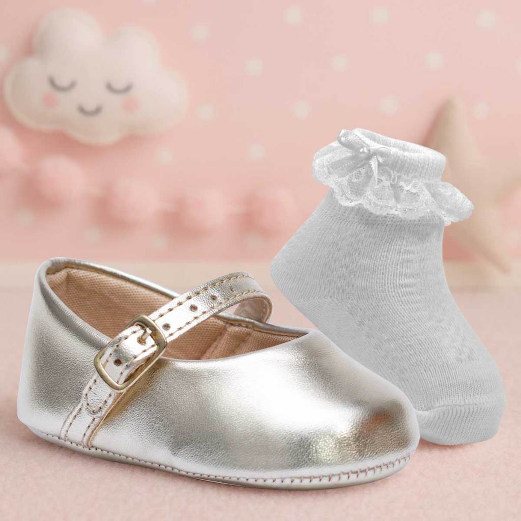 Kit Sapatinho Bebe Menina + Meia Infantil Boneca Festa K.53