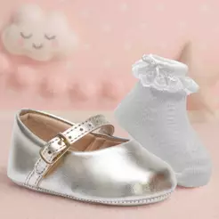 Kit Sapatinho Bebe Menina + Meia Infantil Boneca Festa K.53