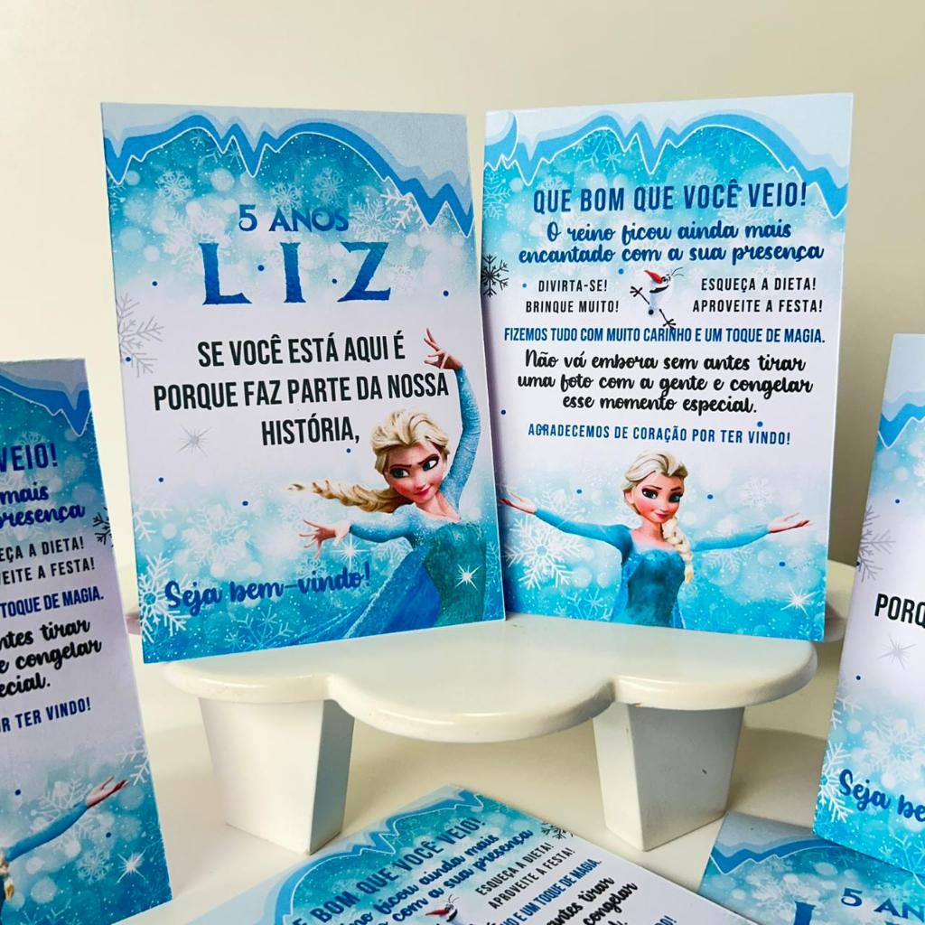 Centro de mesa agradecimento plaquinha aniversario frozen elza personalizado decoração de mesa mesversario