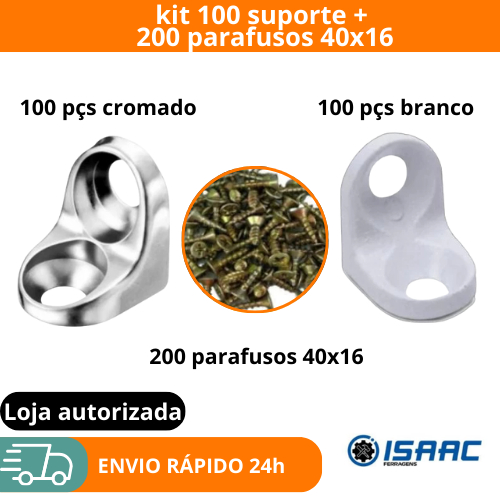 kit 100 Suporte mais 200 Parafuso 40x16 Cadeirinha Cantineira Branco ou Cromado