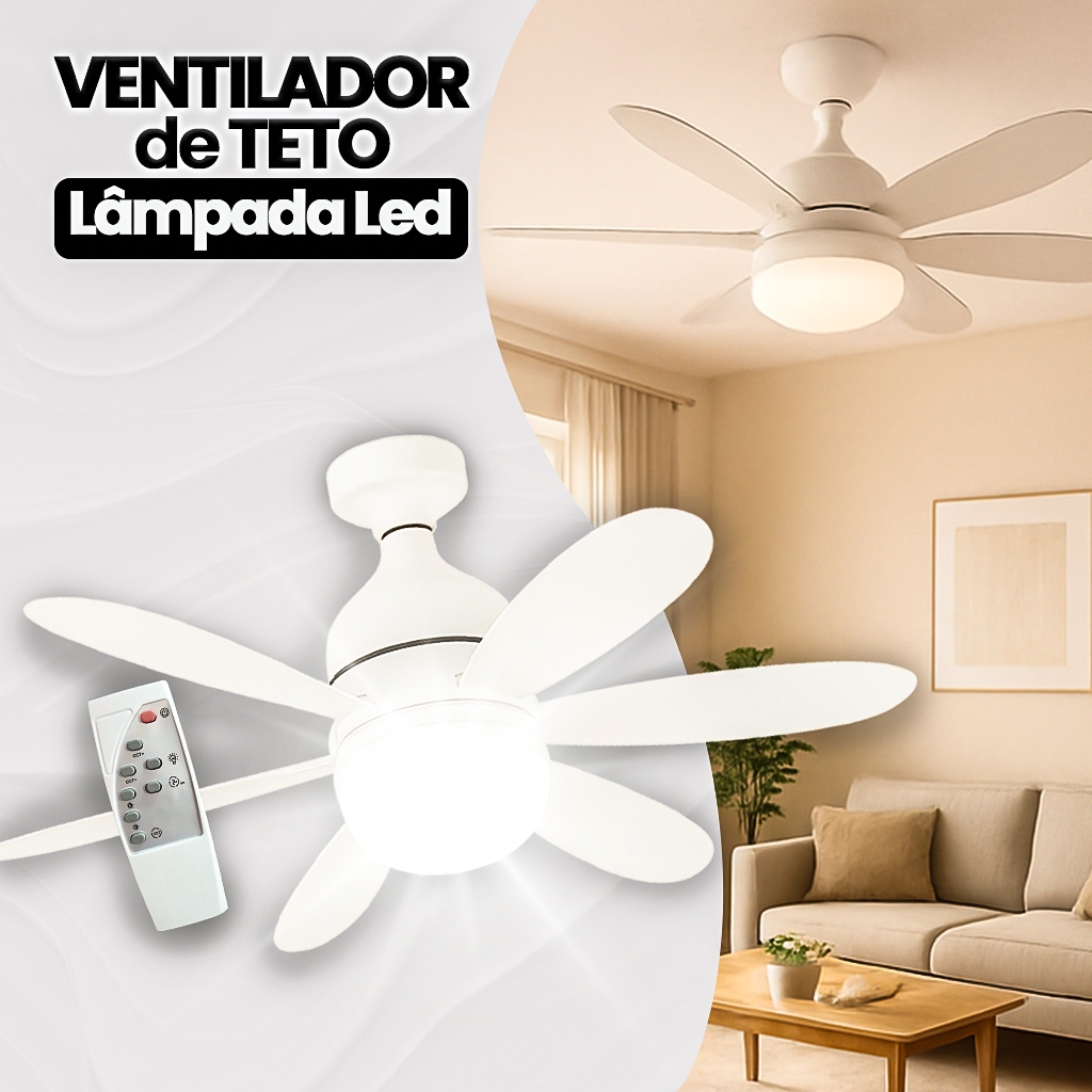Imagem Ventilador Luminária Led 6 Pás 60W Lâmpada Soquete Bocal E27 Teto 3 Cores Luz Branco Amarelo Bivolt