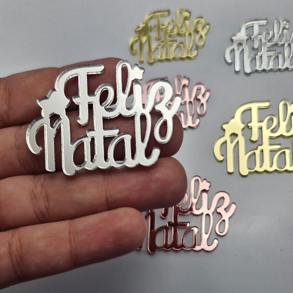 Aplique Decorativo “FELIZ NATAL” em Acrílico Espelhado – Diversas Cores e Kits!