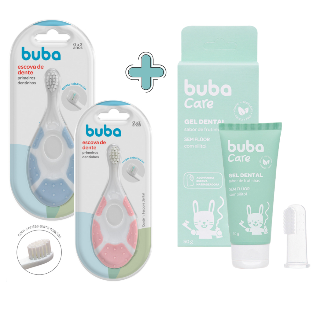 KIT ESCOVA DE DENTE PRIMEIROS DENTINHOS BUBA E GEL DENTAL SEM FLUOR BUBA CARE ESCOVA MASSAGEADORA em Oferta na Shopee