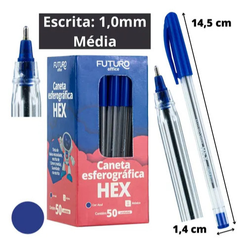Caneta Esferográfica Hex 1.0mm Azul / Preta / Vermelha FUTURO OFFICE CX C/50 UNIDADES