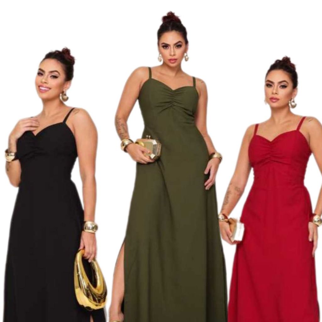 Vestido Longo feminino Alca  Fina com Bojo com Elastec nas Costas e Aberturas Laterais em Oferta na Shopee