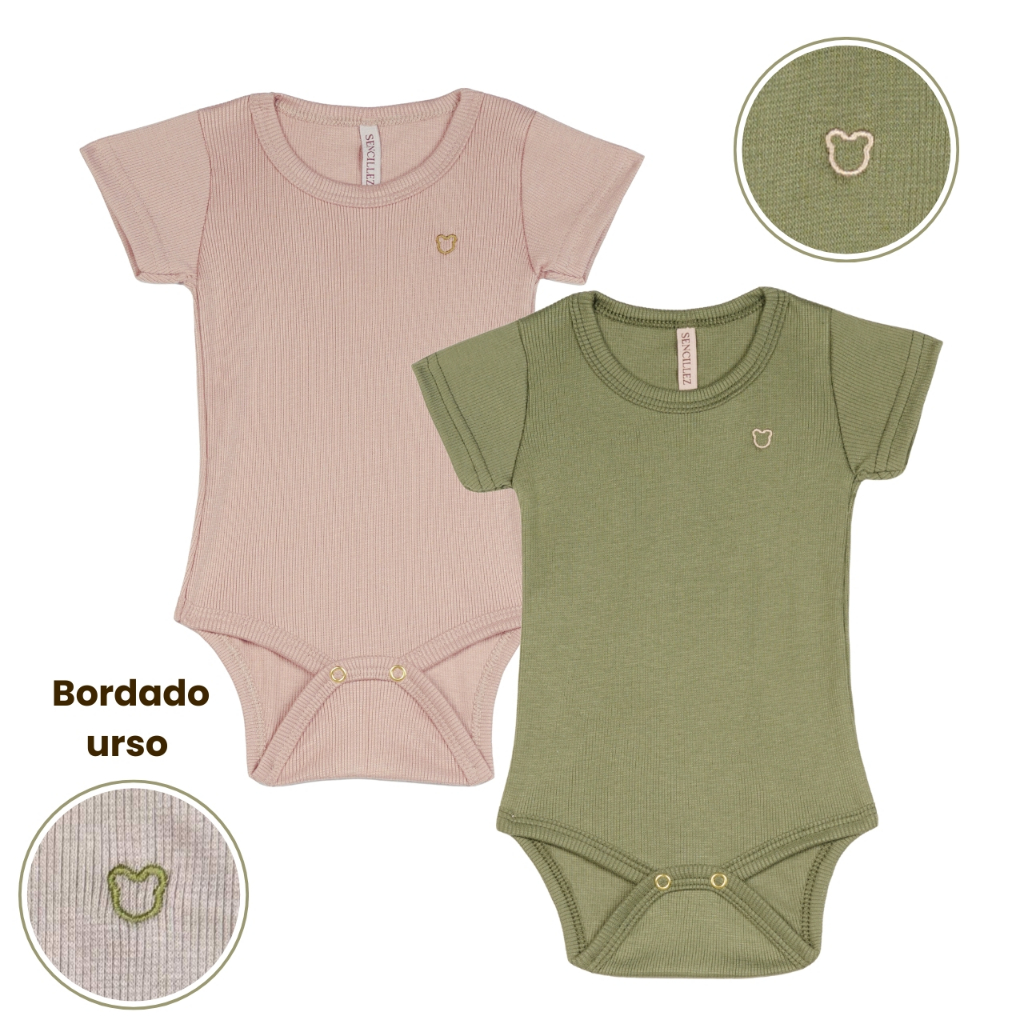 Kit 2 Peças Body Bebê Bordado Ursinho Confortável Bordado  Ribana Confortável Alta Qualidade Body Premium 05.9.03