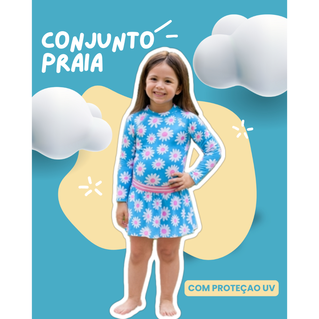 Conjunto praia mar piscina menina sereia sol saia blusa proteção uv sol natação agua verão viagem