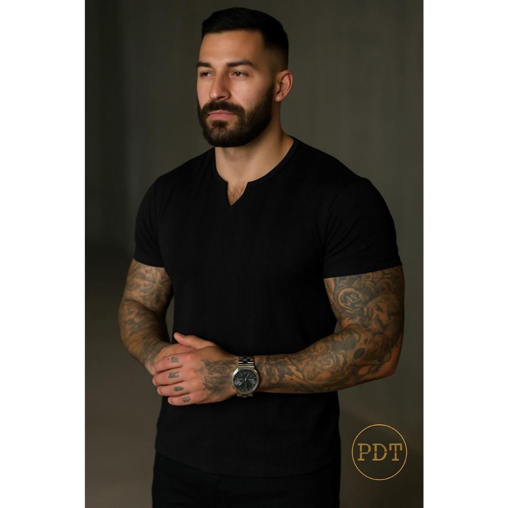 Camiseta Masculina Premium Canelada Decote V Estilo Americano Slim Fit Moda Masculina