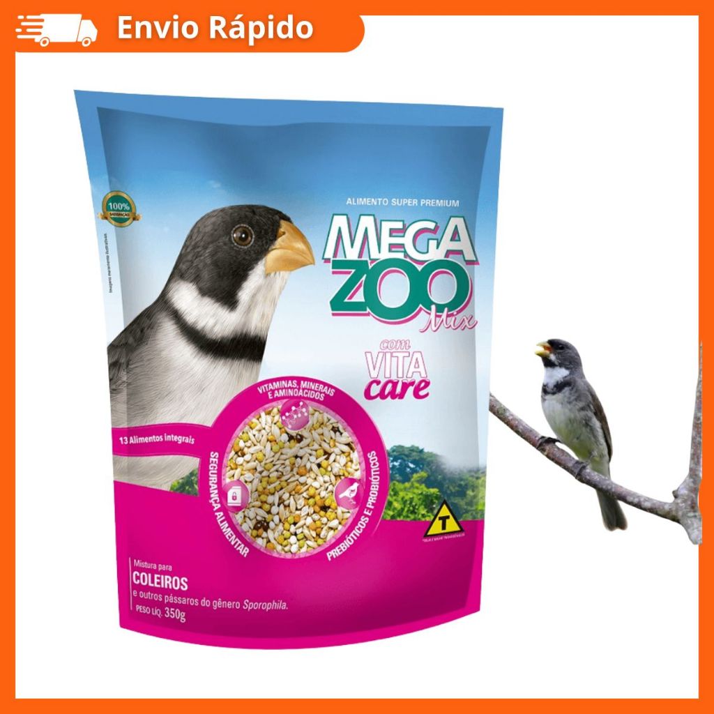 Ração Megazoo Mix Coleiros 350g Super Premium Alimento Equilibrado Para Aves Nutrição Balanceada