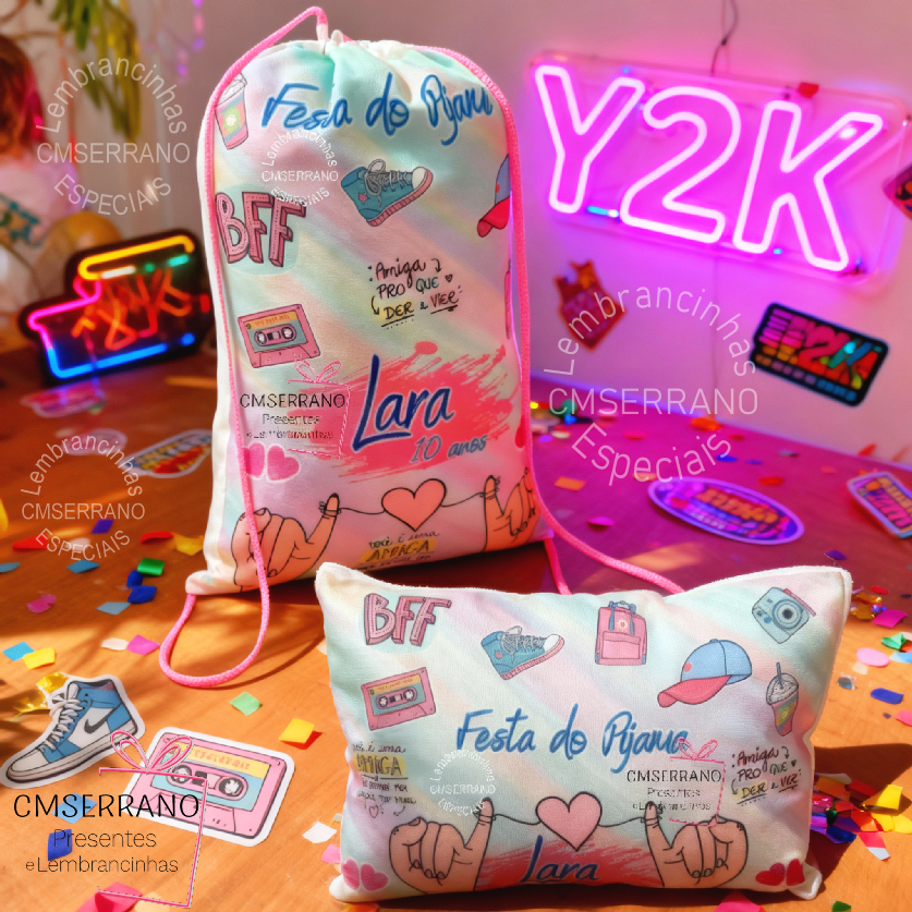 20 Kit Festa Pijama Almofada 30 x 20 cm + Mochila 30 x 21 cm Tecido Lembrancinha Personalizada
