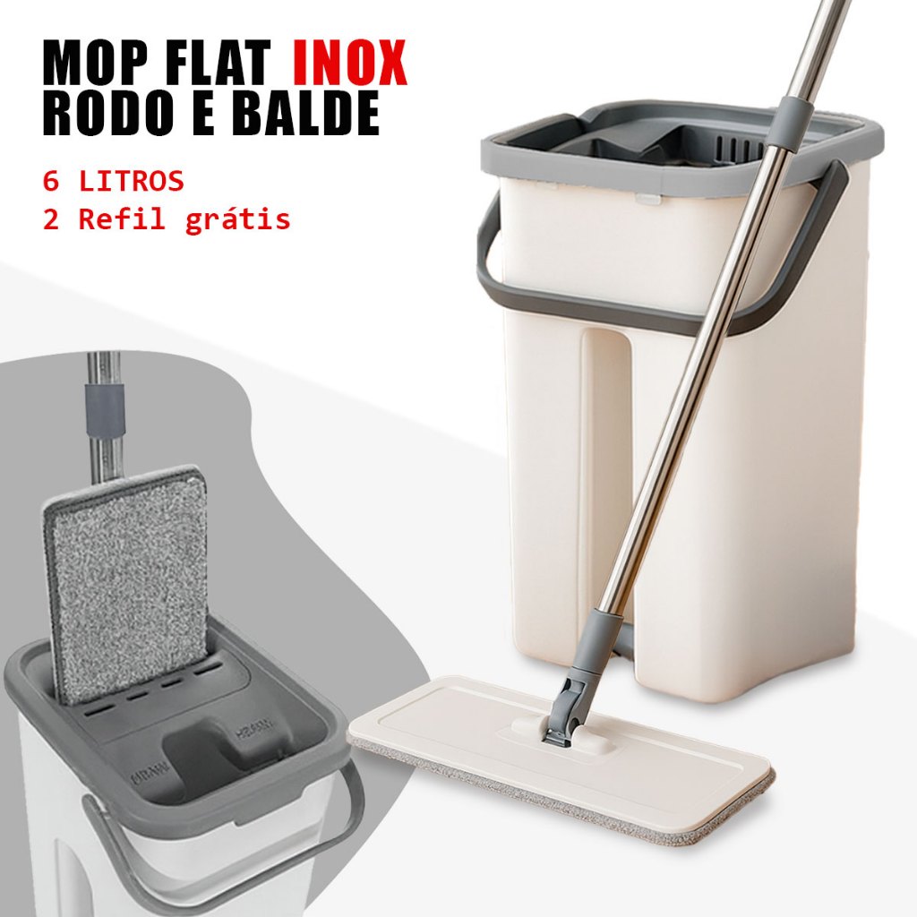 Imagem Mop Flat Esfregão Com Balde Inox Mágico Lava E Seca Tira Pó + 2 Refil