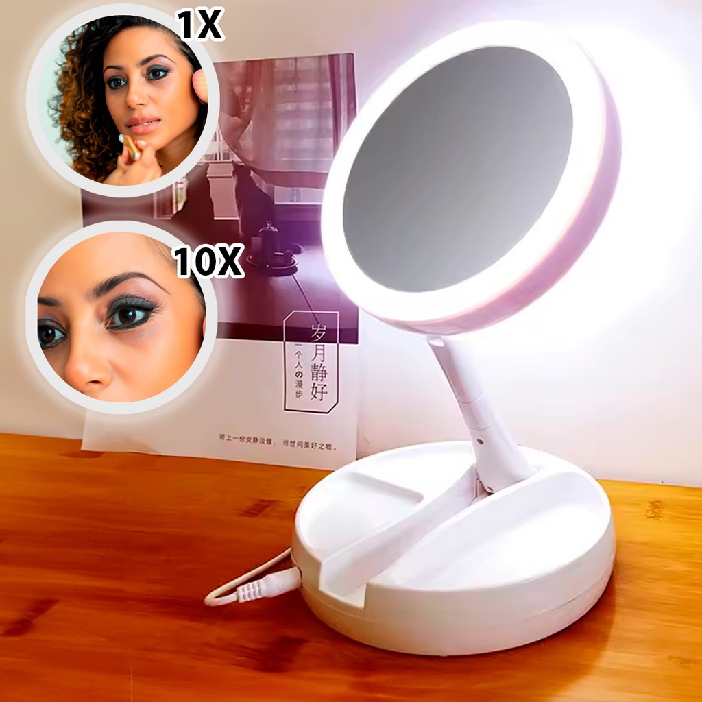Espelho Led Maquiagem Dobravel Dupla Face Aumento 10x Usb recarregável em Oferta na Shopee