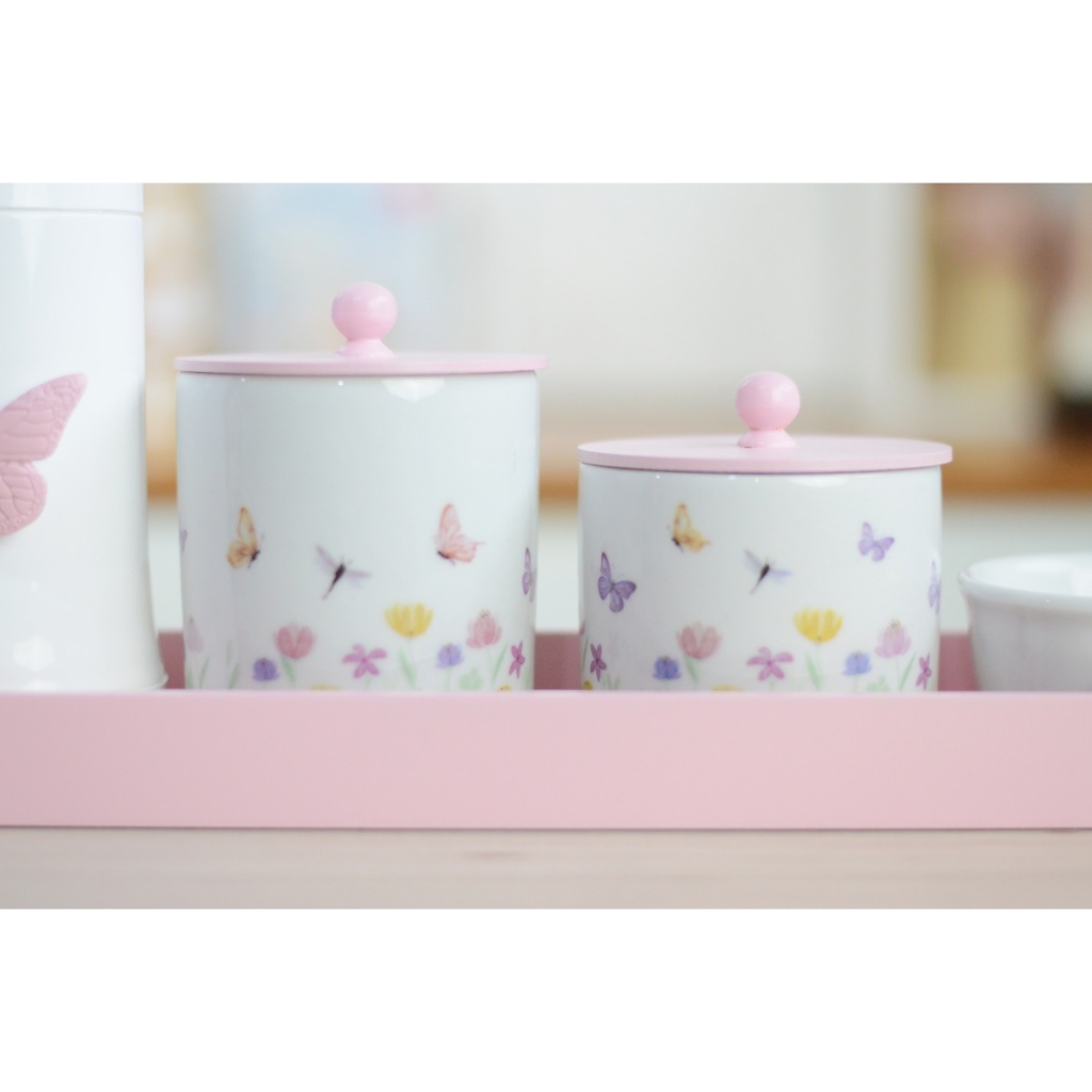 Kit Higiene Porcelana Maternidade Bebê Decoração Quarto Infantil Jardim Borboletas K174 Rosa Potes Algodão Cotonete — imagem 2 de 2