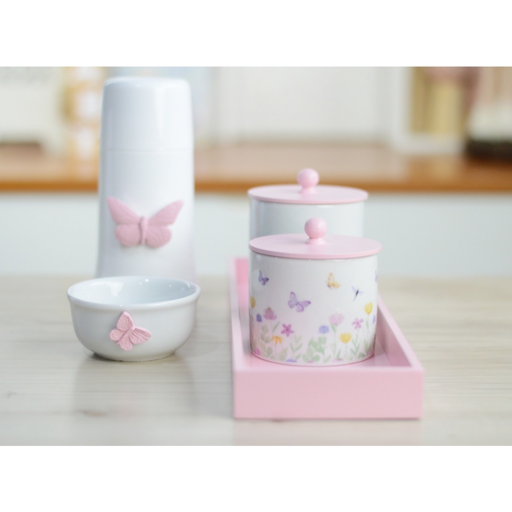 Kit Higiene Bebê Maternidade Decoração K174 Rosa Jardim Encantado Borboleta Potes Porcelana Algodão Cotonete Molhadeira