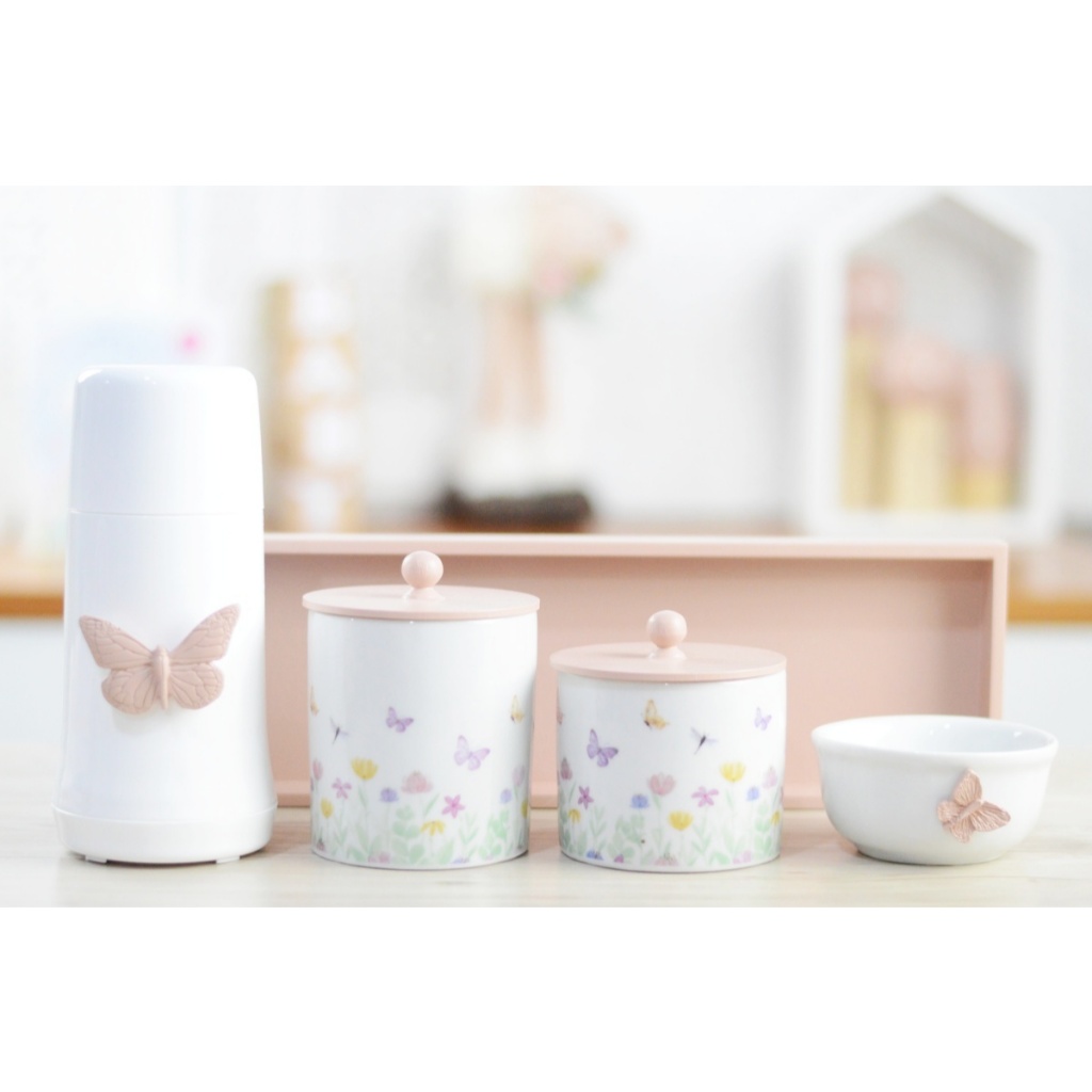 Kit Higiene Porcelana Maternidade Bebê Jardim Borboleta K174 Rosê Pote Algodão Cotonete Molhadeira