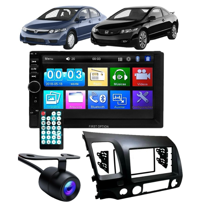Kit central multimidia MP5 2din Honda Civic 2006 até 2011 Bluetooth USB Espelhamento + câmera de ré + moldura