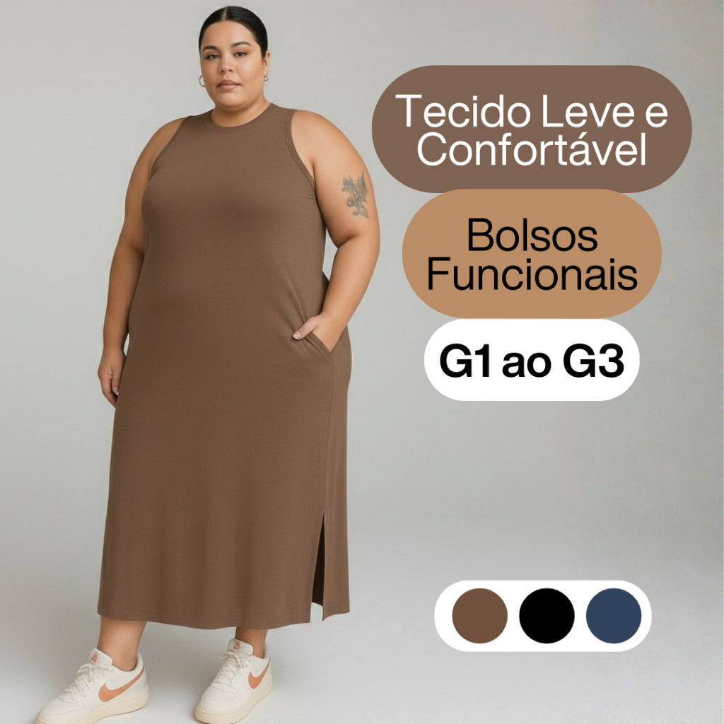 Vestido Plus Size Midi com Bolso G1 ao G3 Soltinho Confortável Casual Verão em Oferta na Shopee