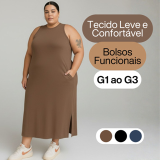 Vestido Plus Size Midi com Bolso G1 ao G3 Soltinho Confortável Casual Verão em Oferta na Shopee