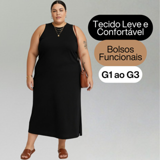 Vestido Feminino Plus Size Midi Casual Moderno Com Bolso em Oferta na Shopee