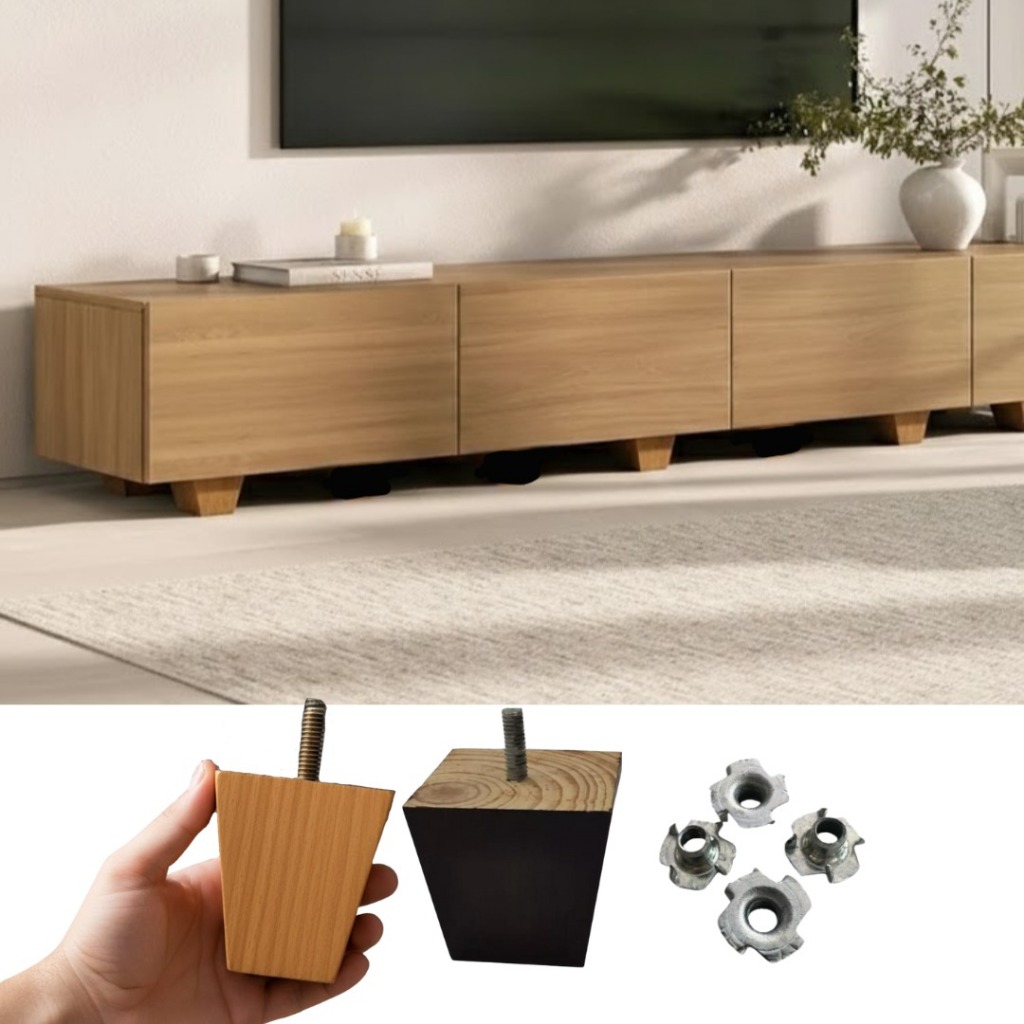 Pé Trapézio Madeira Maciça 4 Pçs 6 Cm Cor Tabaco Para Aparador Gaveteiro Base Design Com Porca E Parafuso Durável