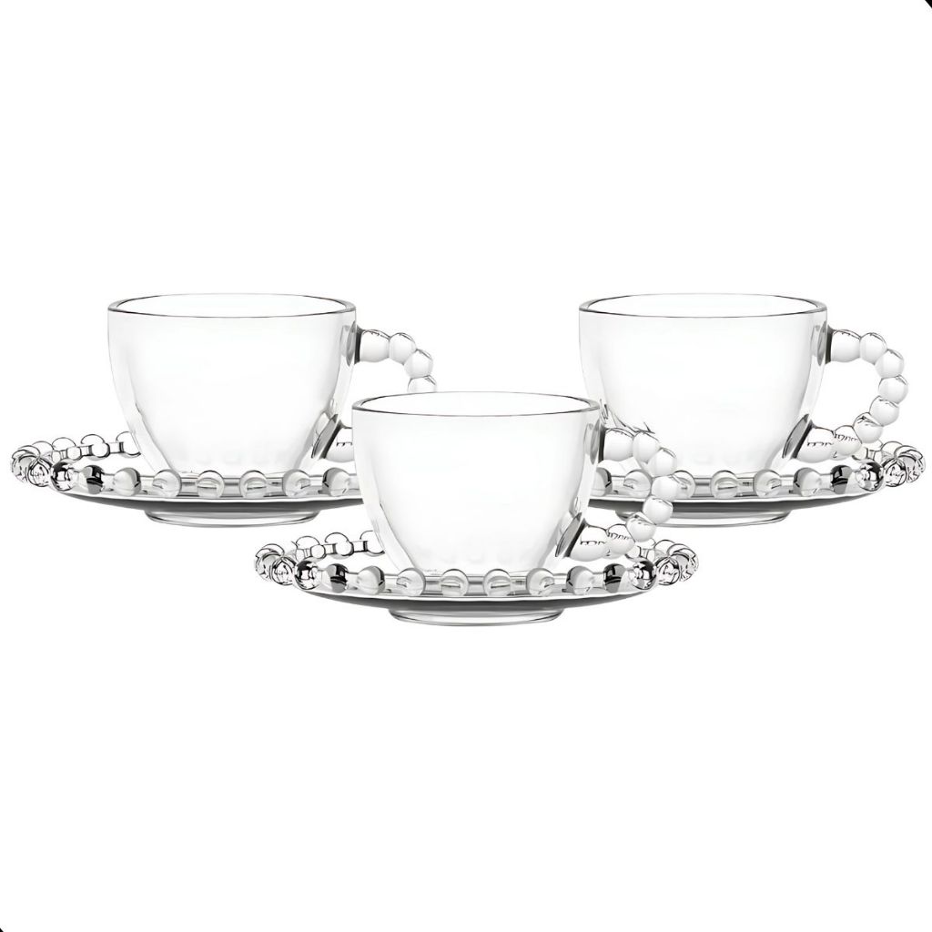Jogo De Xícaras E Pires Em Vidro Transparente 6 Peças Para Chá Café 220ml Pearl Pérola Bolinha