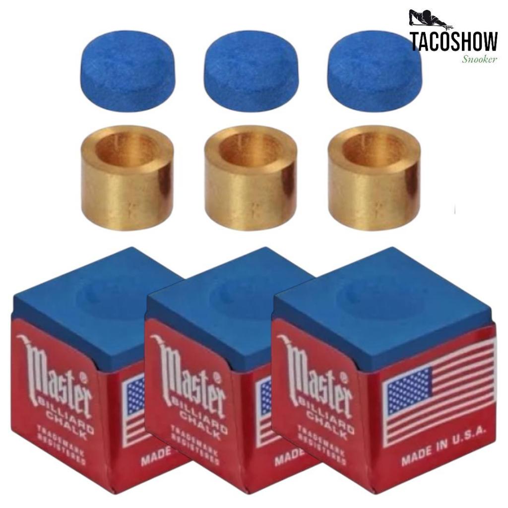 3 Giz de Sinuca Master Vermelho Azul Original ou Apex + 3 Virola e Sola de Couro 11mm Profissional Para Taco Bilhar