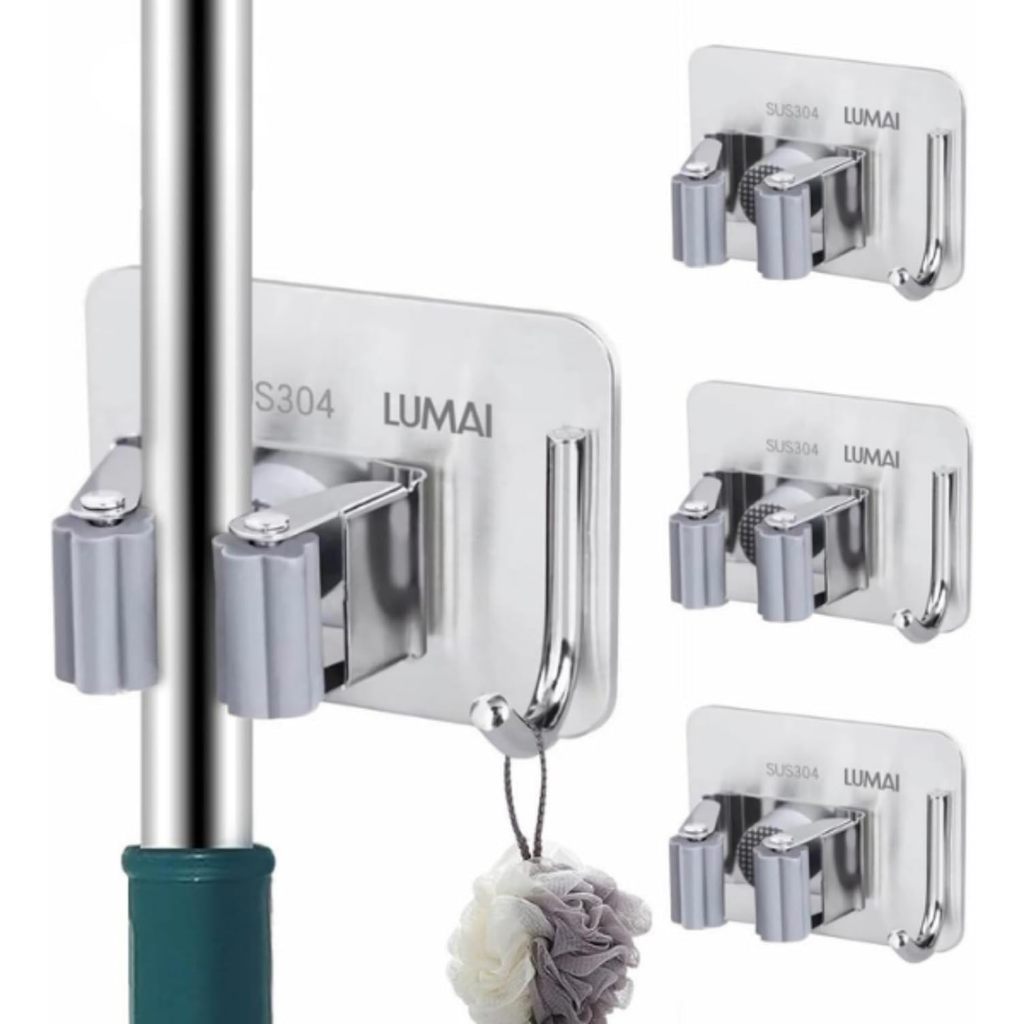 Lumai Kit 3 Suportes Vassoura Parede Inox 304 Adesivo 3M Sem Furo Gancho Rodo Organizador