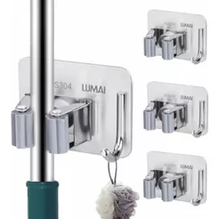 Lumai Kit 3 Suportes Vassoura Parede Inox 304 Adesivo 3M Sem Furo Gancho Rodo Organizador