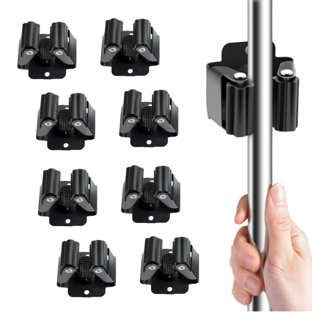 Lumai Suporte Vassoura Inox Preto Kit 2 Pendurador Parede Rodo Esfregão Lavanderia Garagem
